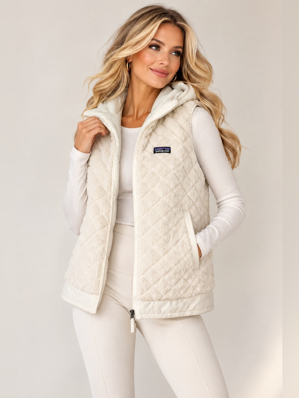 Patagonia Women’s XL Reversible Hooded Fleece Vest Ivory Cream Quilted Full Zip